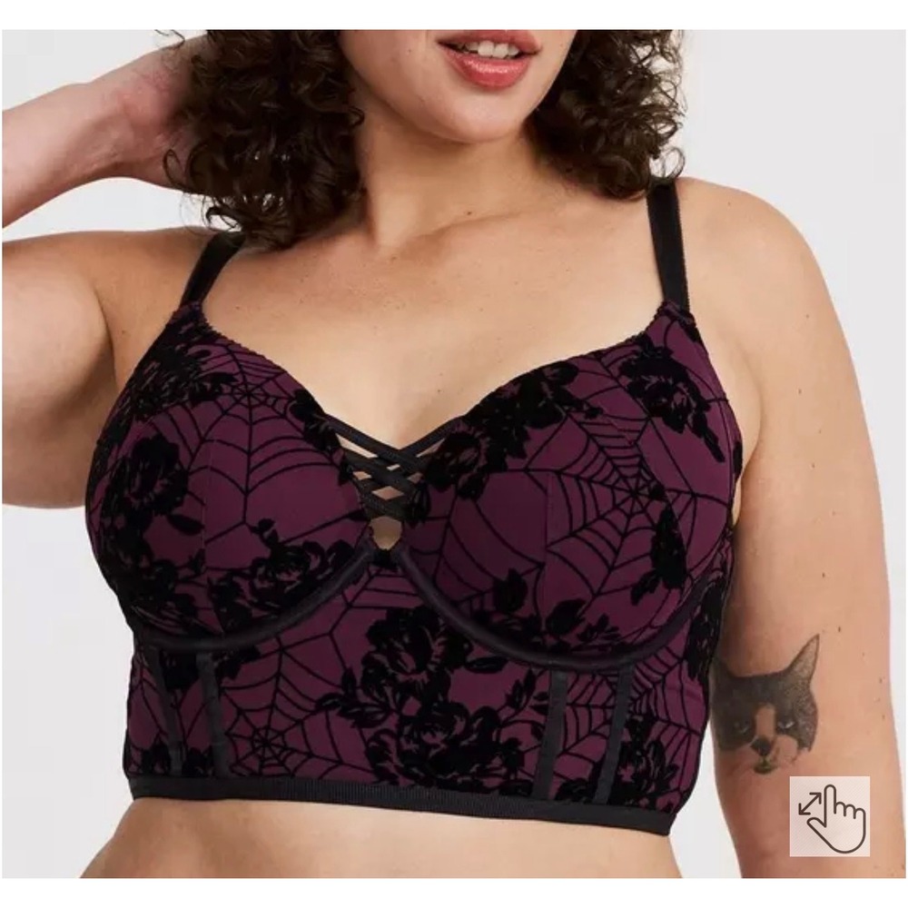 Torrid XO Plunge Push-Up Bra 38C Purple Black Spiderweb Halloween Velvet NWT - Picture 2 of 10